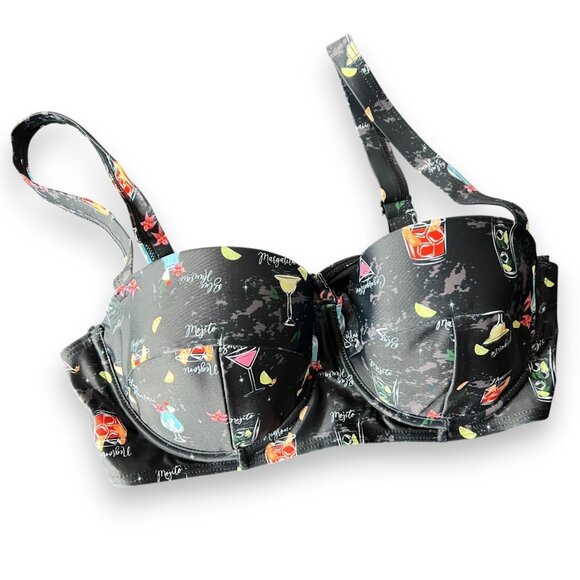 Collectif Black Retro 50s Cocktail Pinup Menu Balcony Underwire Bikini Top 16 XL - Picture 1 of 10